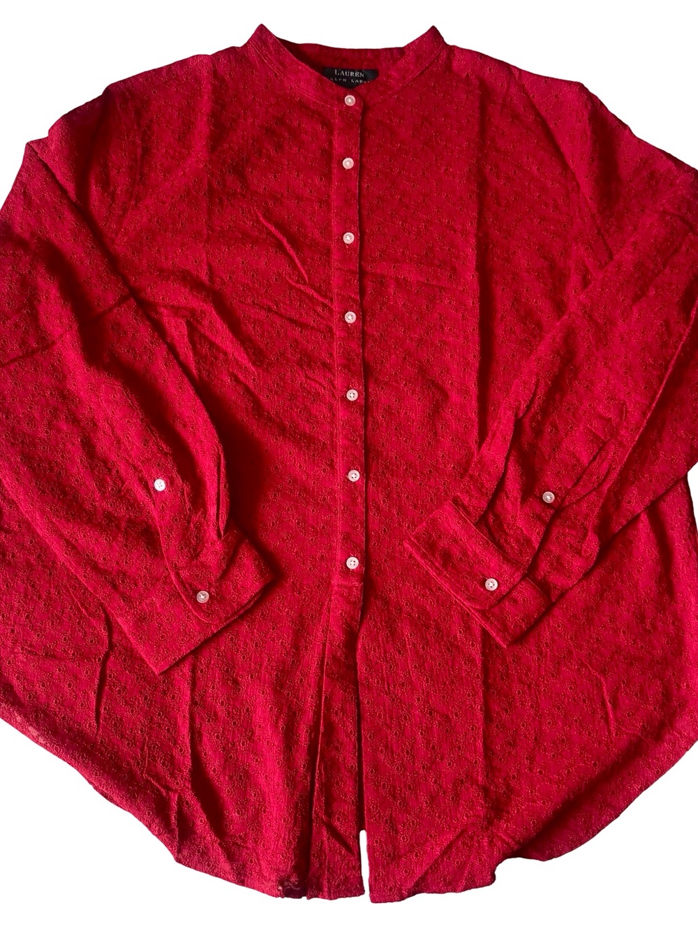 VTG Lauren Ralph Lauren Women’s Red Cotton Button-Up Band Collar Blouse Size 1X